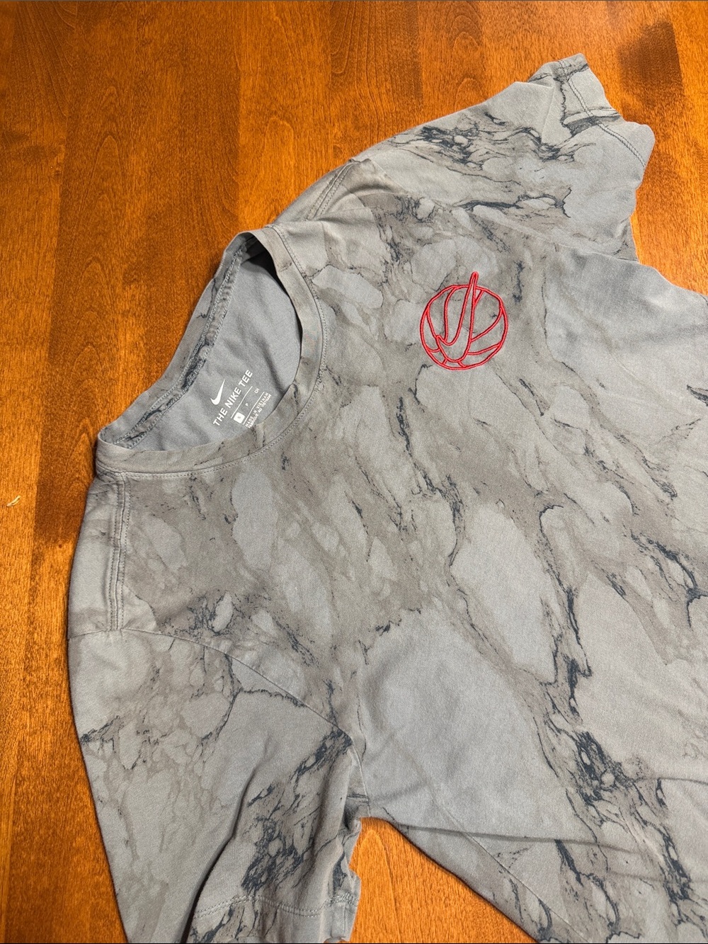 Nike Marble-Print Cotton Crewneck Tee - Gray with Embroidered Red Logo